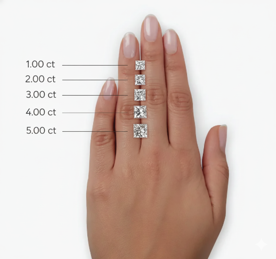 Hand with diamonds of different carat weights on fingers, labeled from 1.00 ct to 5.00 ct.